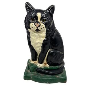 Vintage Cast Iron Black & White Tuxedo Cat Doorstop 7" Tall Heavy Hubley Style